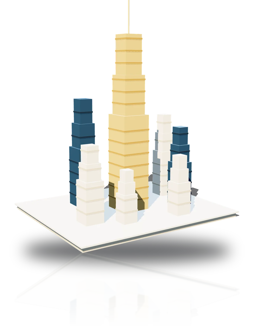 Rendered city block with a gold landmark tower