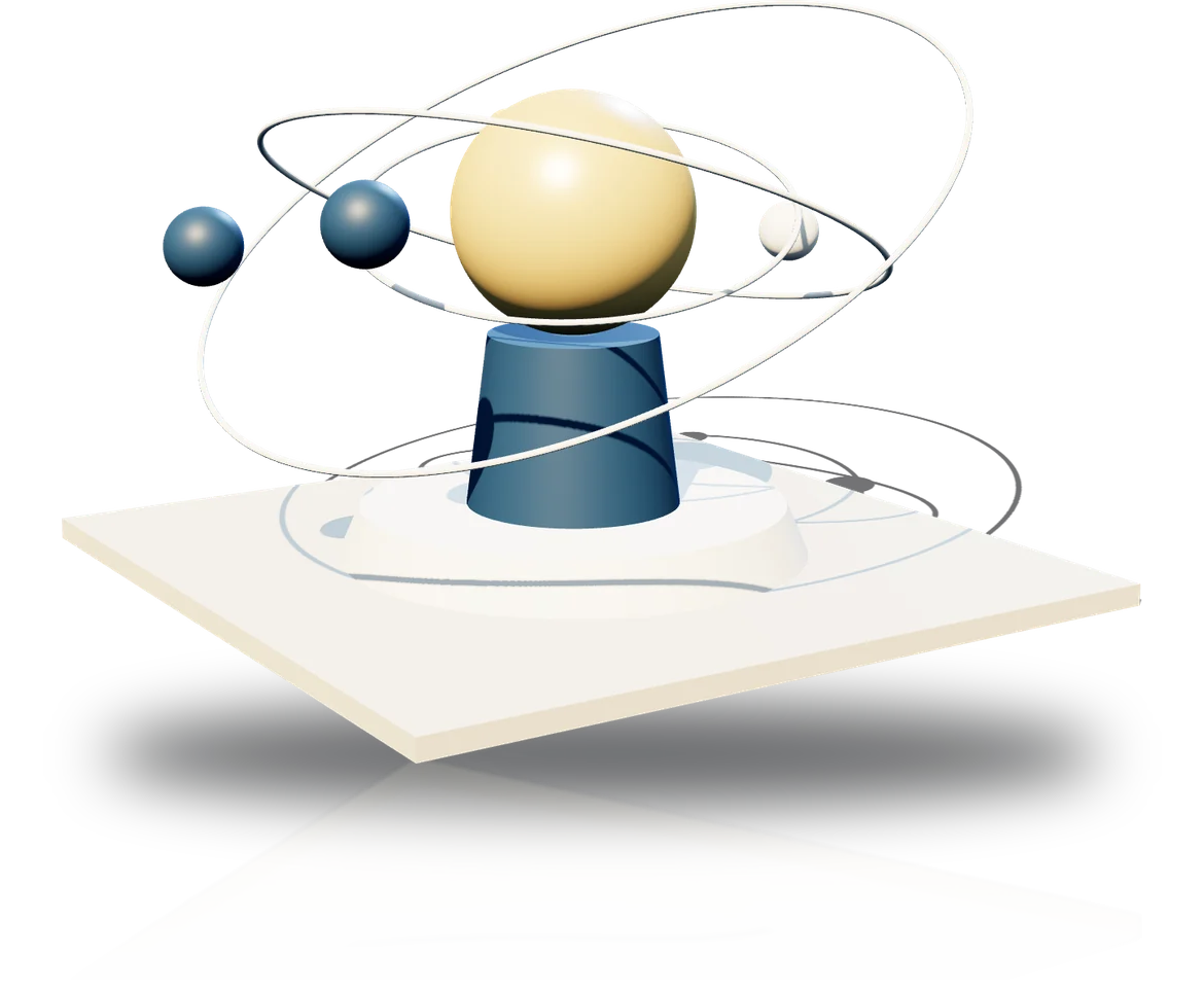 Rendered gold core with orbiting satellites